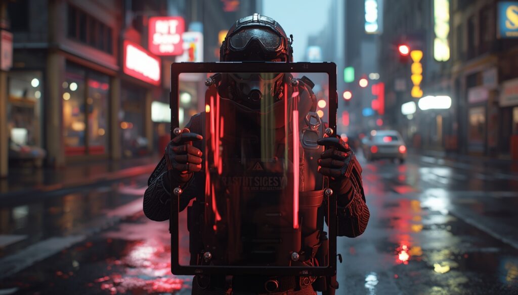 Rainbow Six Siege shield operator in neon city street with reflections, cinematic tactical rainbow-six-siege-wallpaper