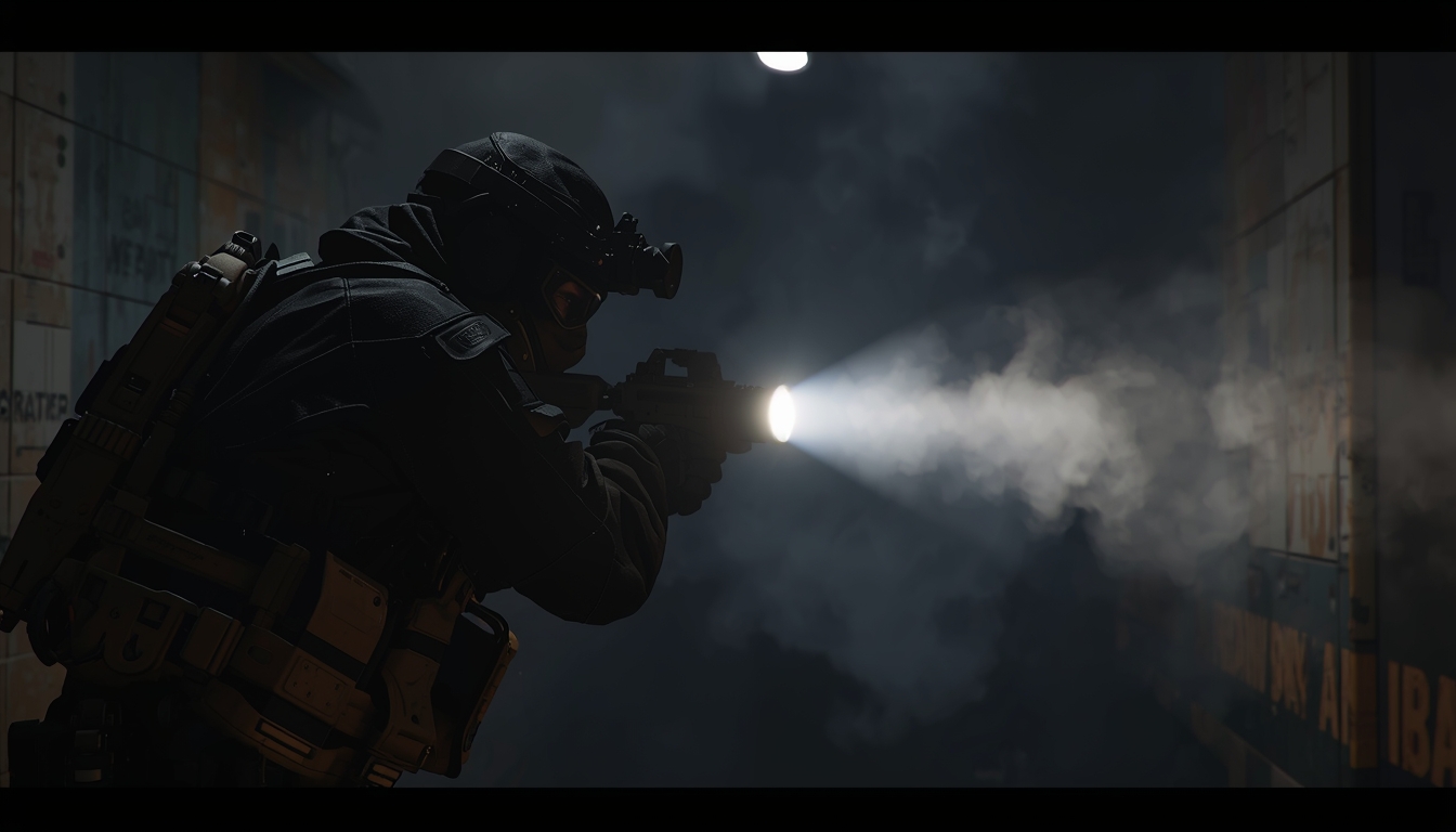 Rainbow Six Siege stealth operator in dark corridor using flashlight, cinematic tactical rainbow-six-siege-wallpaper