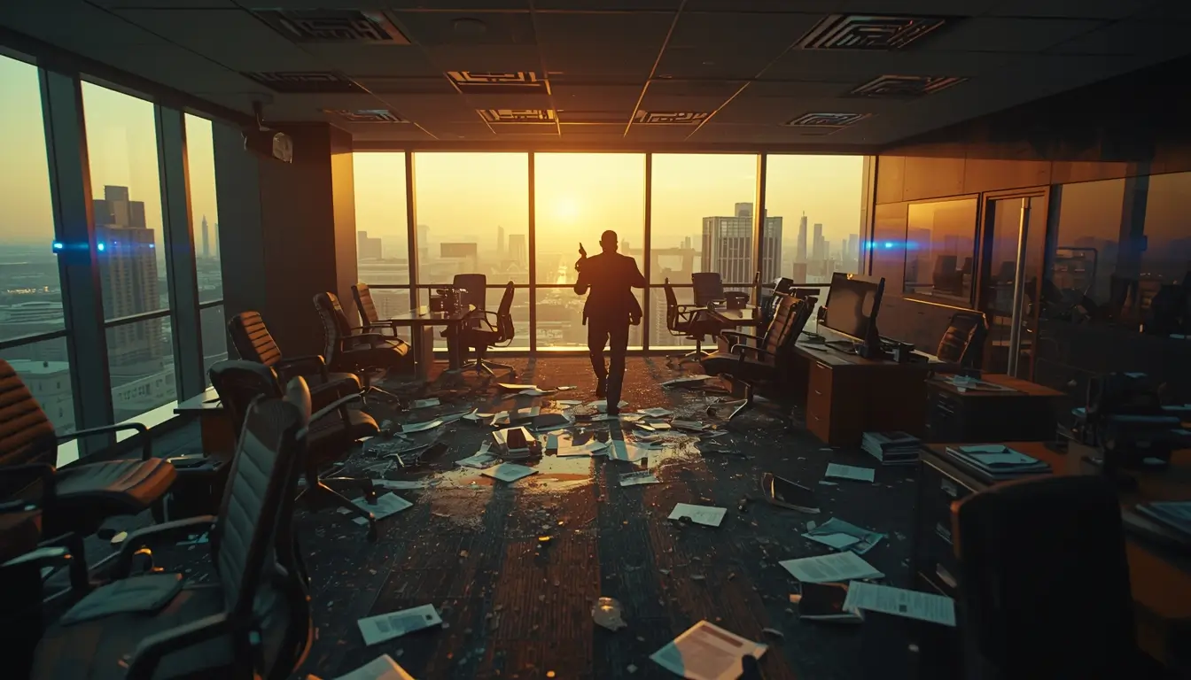 Tactical operator in destroyed office at sunset rainbow six siege wallpaper with city skyline and dramatic lighting