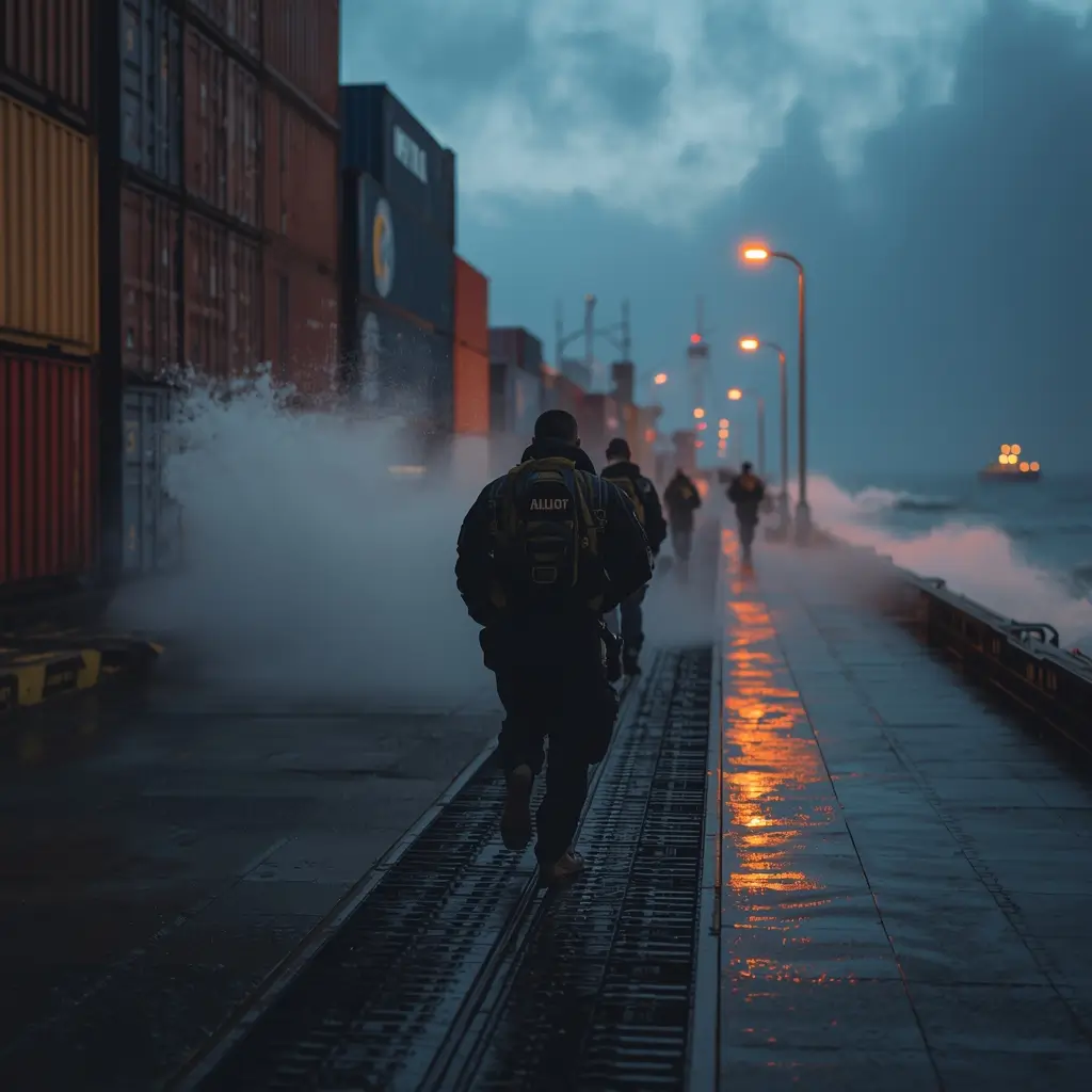 Tactical operators running along wet dock near shipping containers and ocean waves rainbow six siege wallpaper at dusk