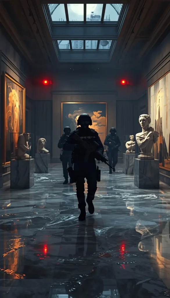 Tactical team advancing through museum gallery with statues and red lights, rainbow six siege wallpaper style scene