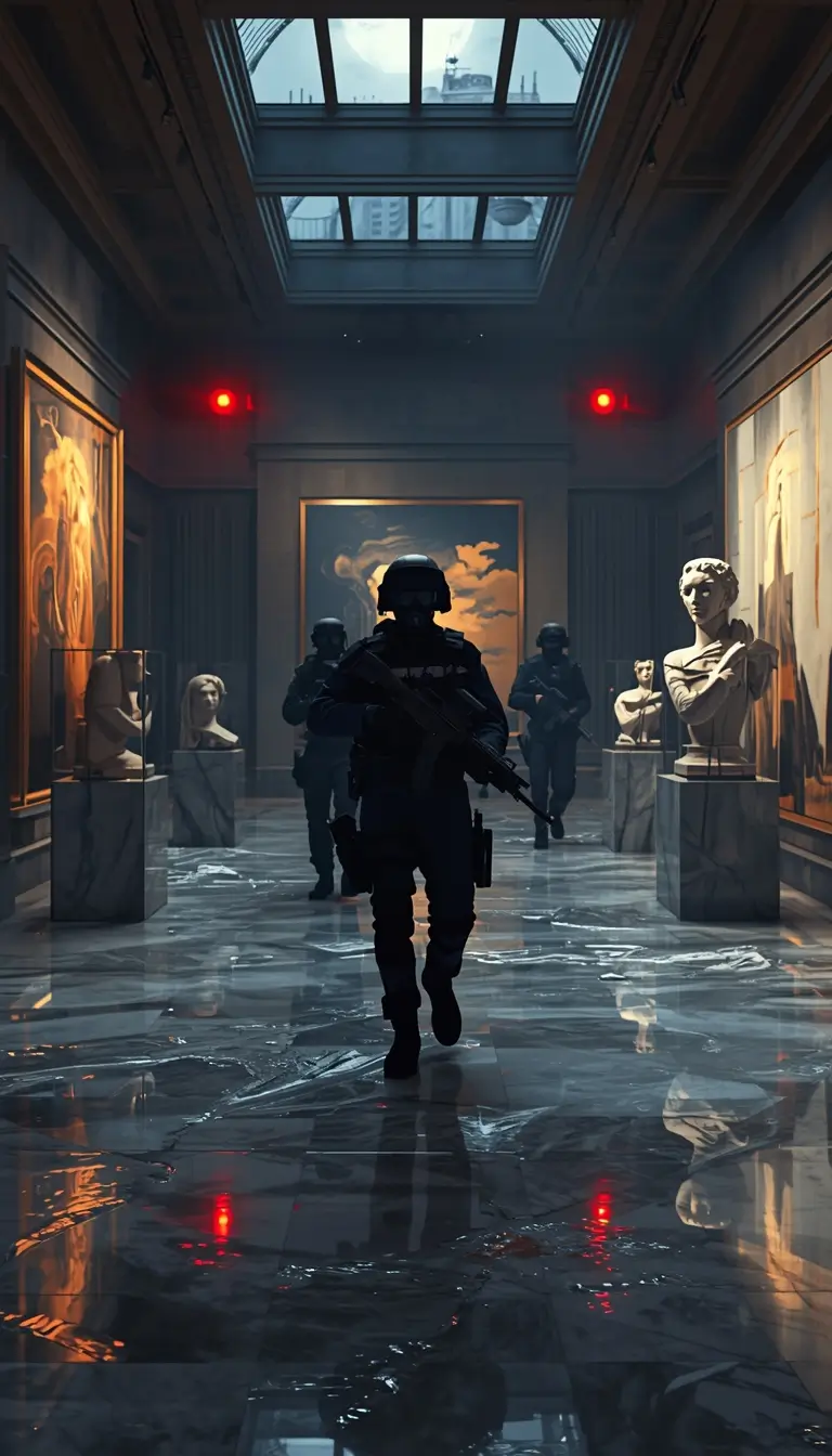 Tactical team advancing through museum gallery with statues and red lights, rainbow six siege wallpaper style scene