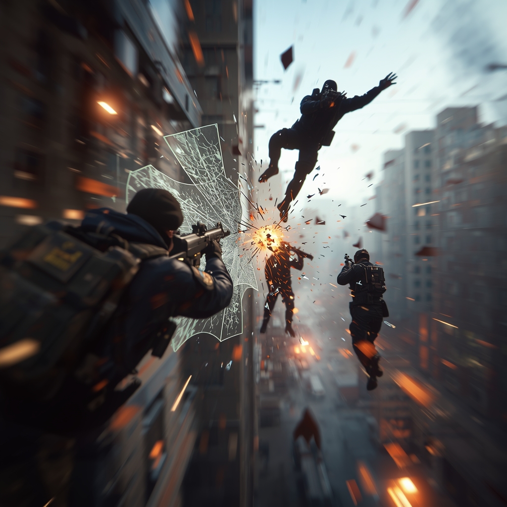 Rainbow Six Siege operators breaching building with shattered glass and explosions, cinematic rainbow-six-siege-wallpaper-4k