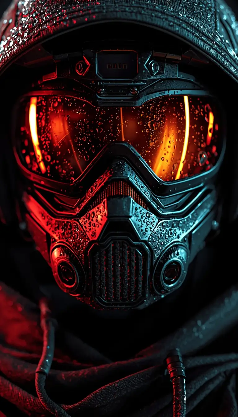 Close-up Rainbow Six Siege tactical mask with rain droplets and neon lighting, ultra-detailed rainbow-six-siege-wallpaper-4k
