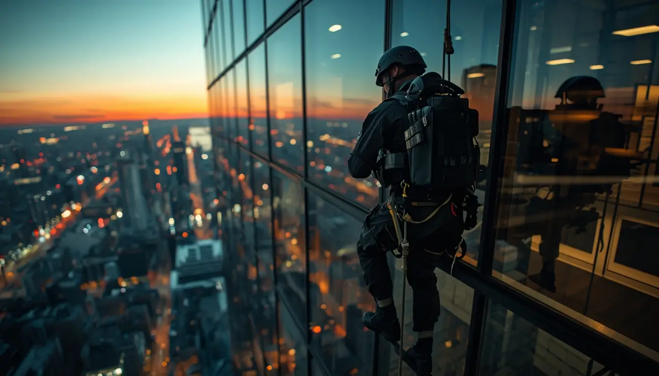 Tactical operator rappelling down glass skyscraper at sunset with city lights, rainbow six siege wallpaper 4k style scene