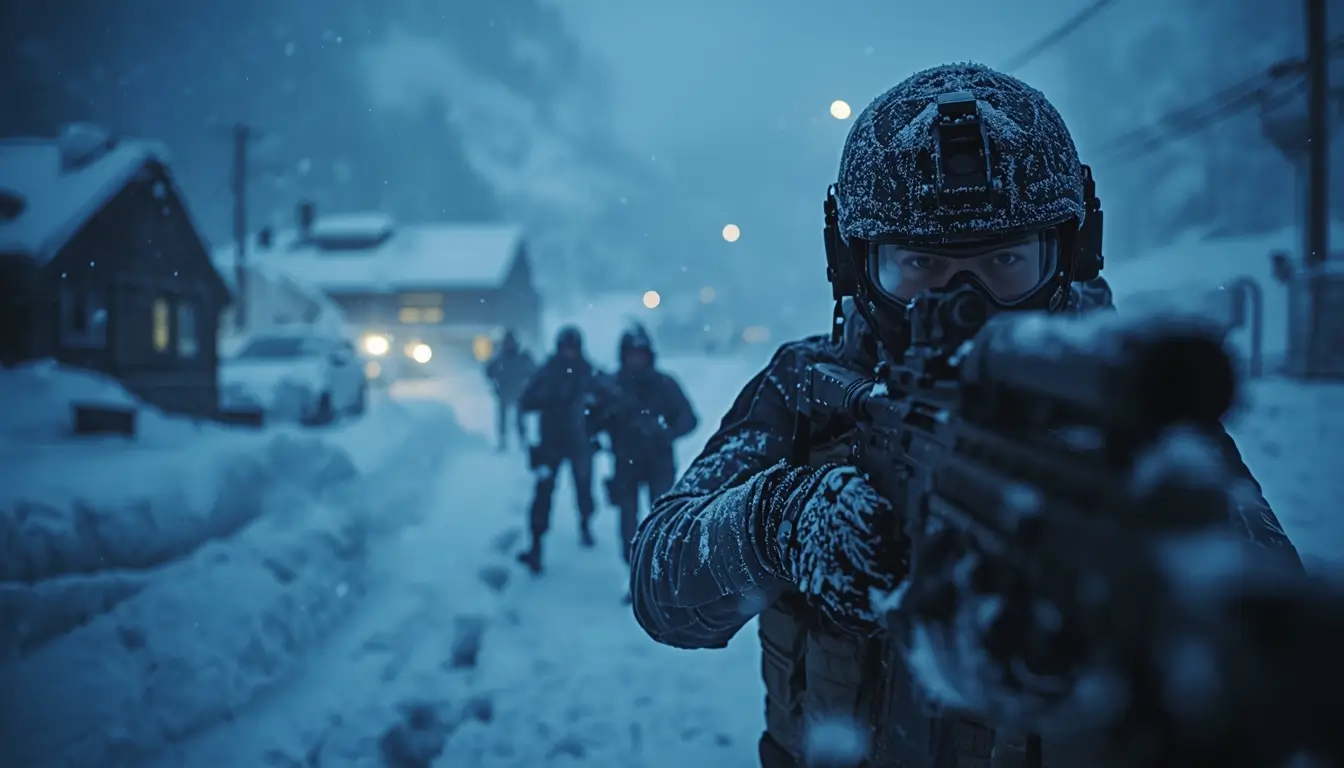 Tactical operator aiming rifle in snowy village at night with team behind, rainbow six siege wallpaper 4k style winter scene