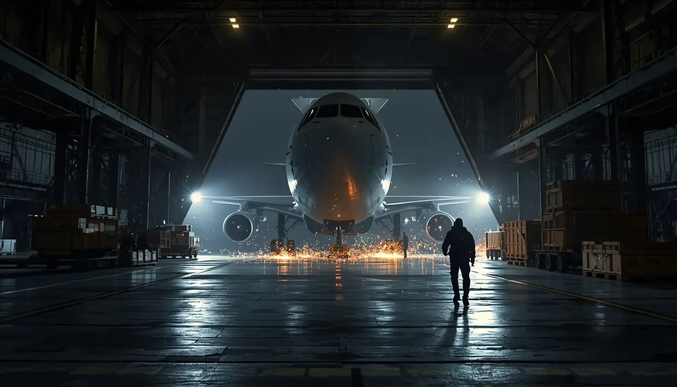 Cargo plane in dark hangar with tactical team and sparks on floor, rainbow six siege wallpaper 4k style raid scene