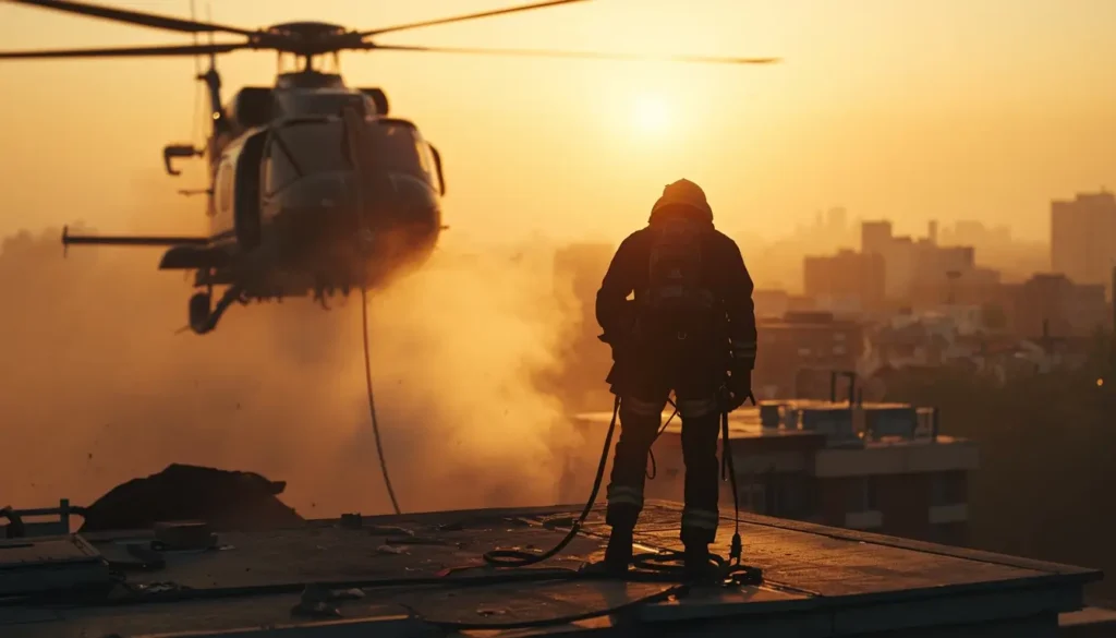 Tactical operator on rooftop with helicopter at sunrise, rainbow six siege wallpaper 4k style extraction scene