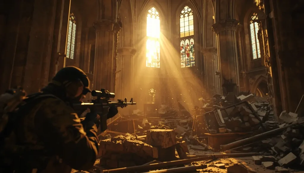 Tactical operator aiming rifle inside ruined cathedral with sunlight beams, rainbow six siege wallpaper 4k style scene
