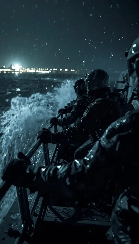 Tactical team on high speed boat in rough sea at night with rain, rainbow six siege wallpaper 4k style maritime raid scene