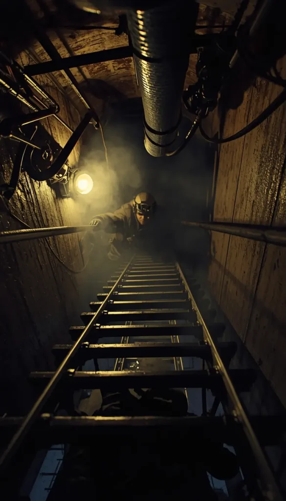 Operator descending a ladder in a dark tunnel with industrial pipes, cinematic rainbow-six-siege-wallpaper-4k style background