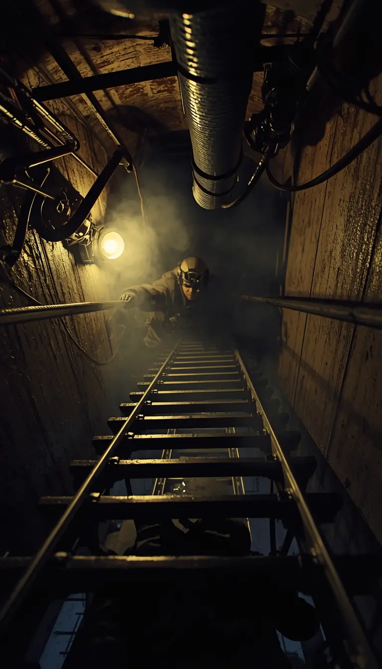 Operator descending a ladder in a dark tunnel with industrial pipes, cinematic rainbow-six-siege-wallpaper-4k style background