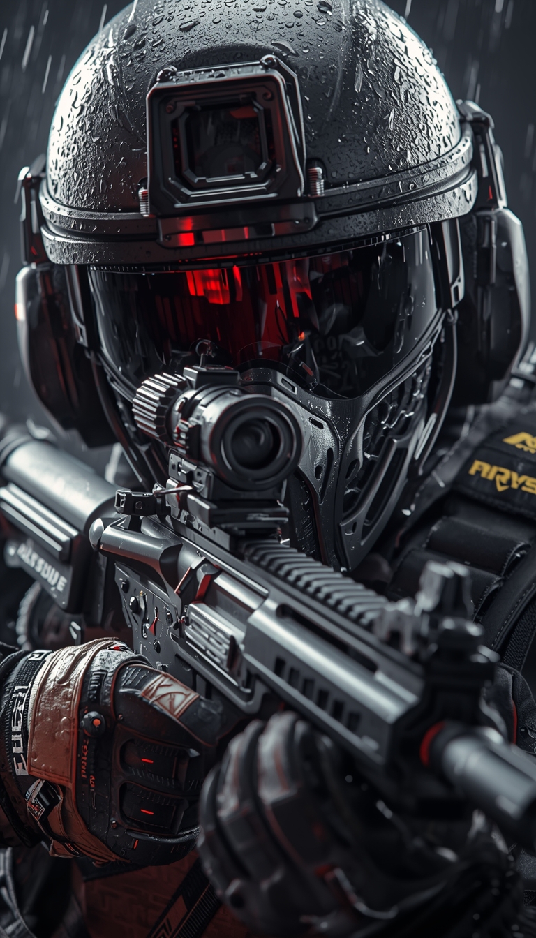 Close-up Rainbow Six Siege operator with tactical helmet and rifle in rain, ultra-detailed rainbow-six-siege-wallpaper-4k