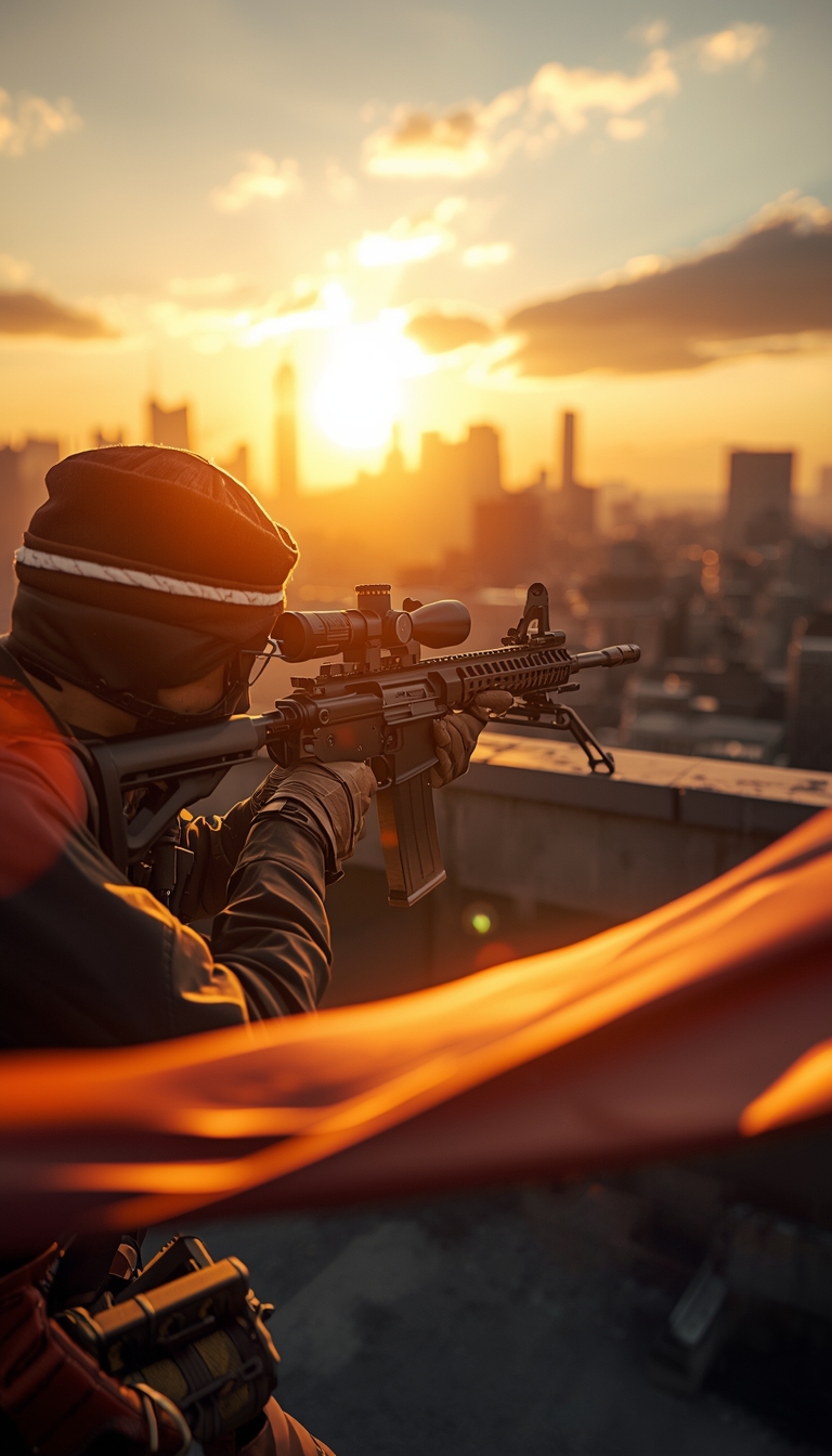 Rainbow Six Siege rooftop sniper aiming rifle at sunset with city skyline, cinematic rainbow-six-siege-wallpaper-4k
