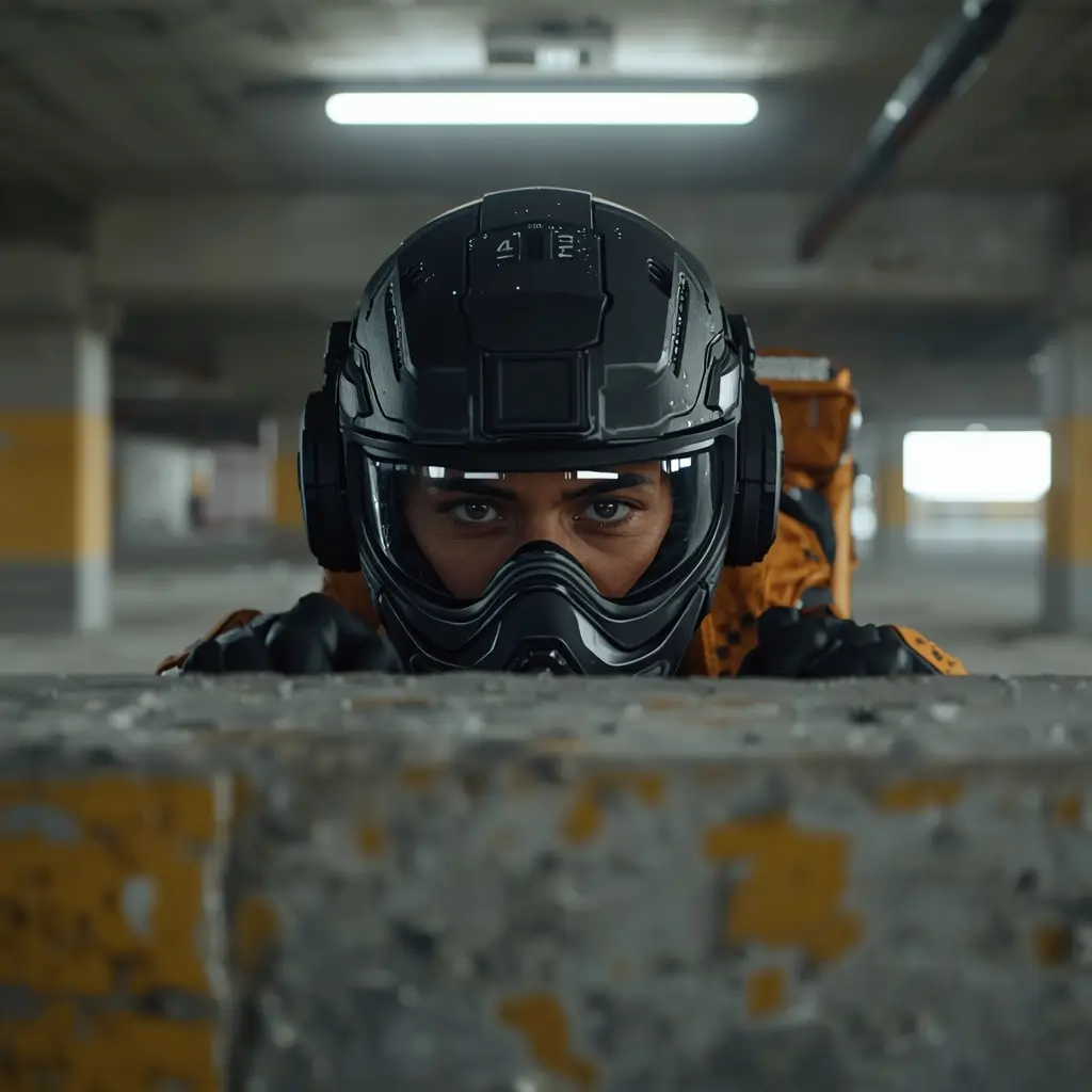 Rainbow Six Siege wallpaper 4K close-up of tactical operator hiding behind cover with helmet and mask in parking garage