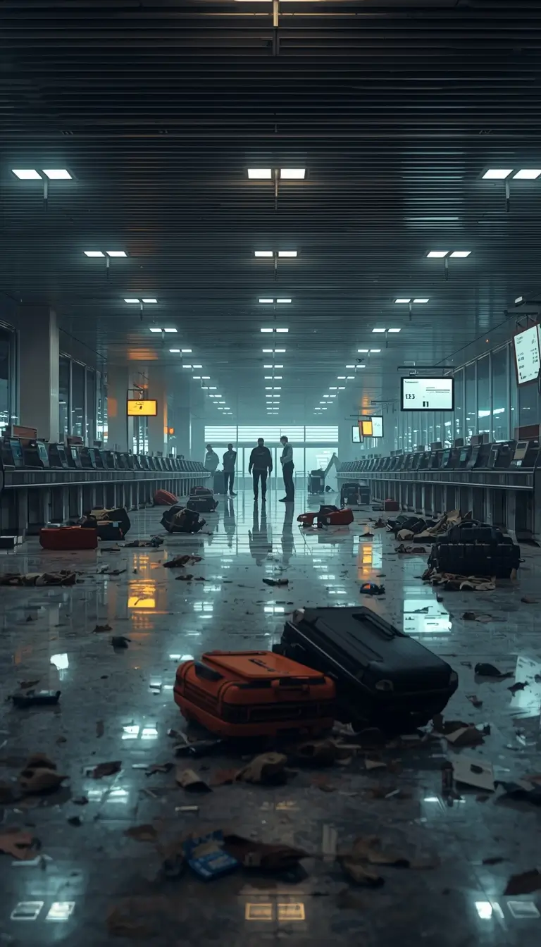 Cinematic airport terminal raid scene with debris and operatives, rainbow six siege wallpaper 4k style tactical background