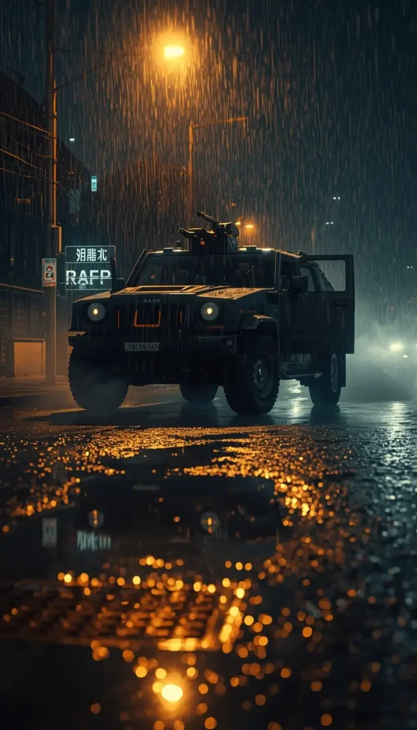Armored tactical vehicle parked on rainy street at night with reflections, rainbow six siege wallpaper 4k style scene