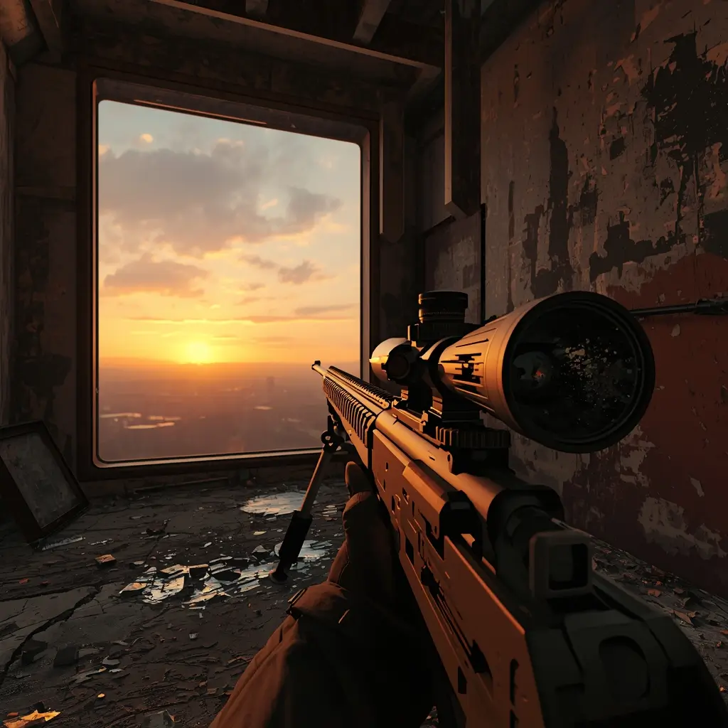 First person sniper rifle aimed from building window at sunset, rainbow six siege wallpaper 4k style tactical scene