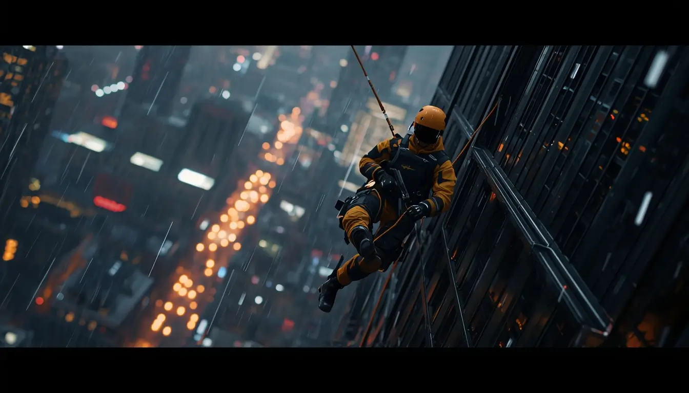 Rainbow Six Siege operator rappelling down skyscraper at night with rain and city lights, cinematic rainbow-six-siege-wallpaper-4k