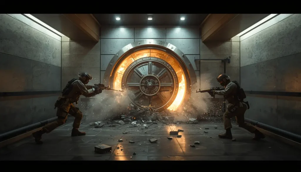 Tactical team breaching large vault door with sparks and debris, rainbow six siege wallpaper style heist scene
