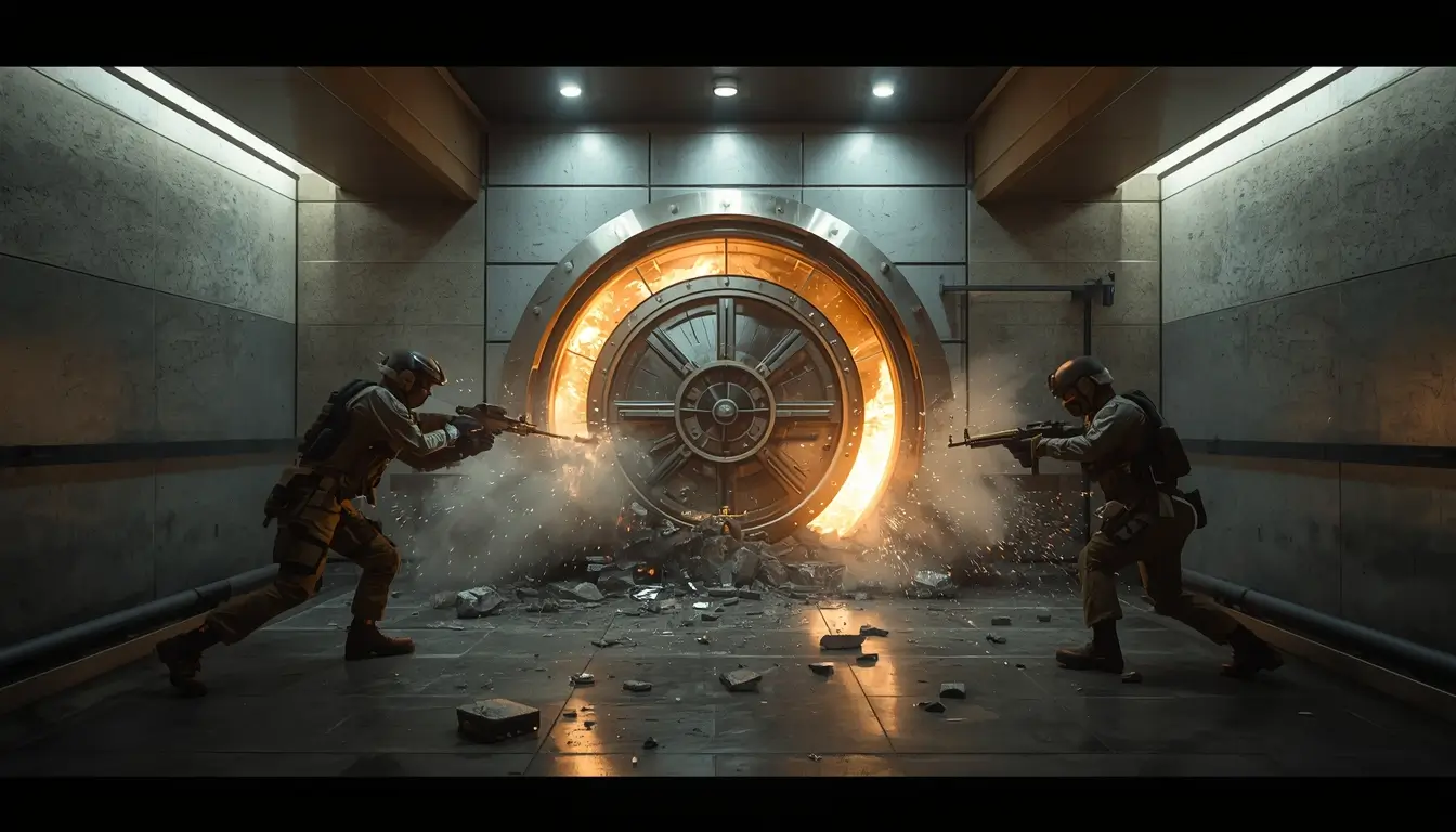 Tactical team breaching large vault door with sparks and debris, rainbow six siege wallpaper style heist scene