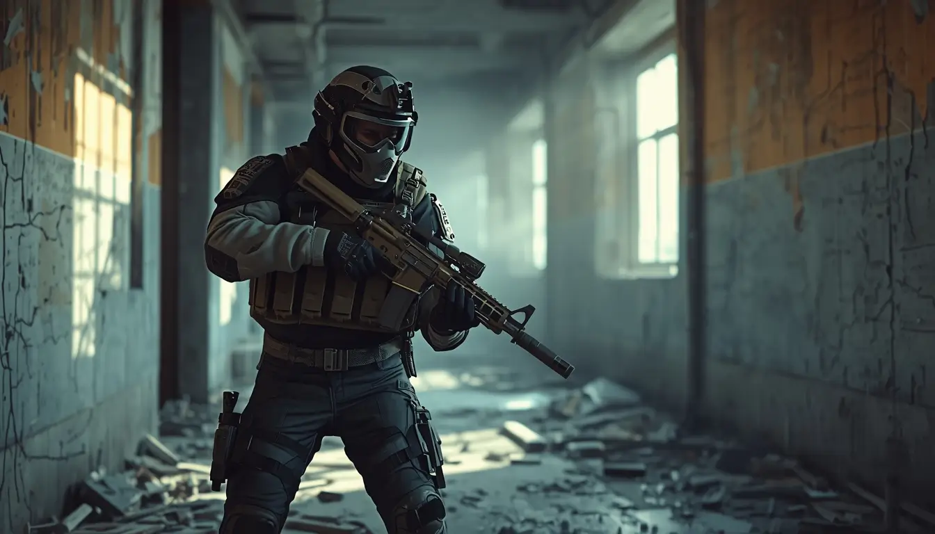 Rainbow Six Siege wallpaper showing armored tactical operator with rifle in ruined hallway cinematic r6 background