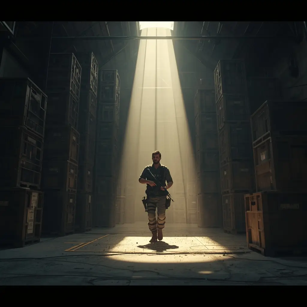 Lone tactical operator under spotlight in dark warehouse with stacked crates, cinematic rainbow six wallpaper style scene