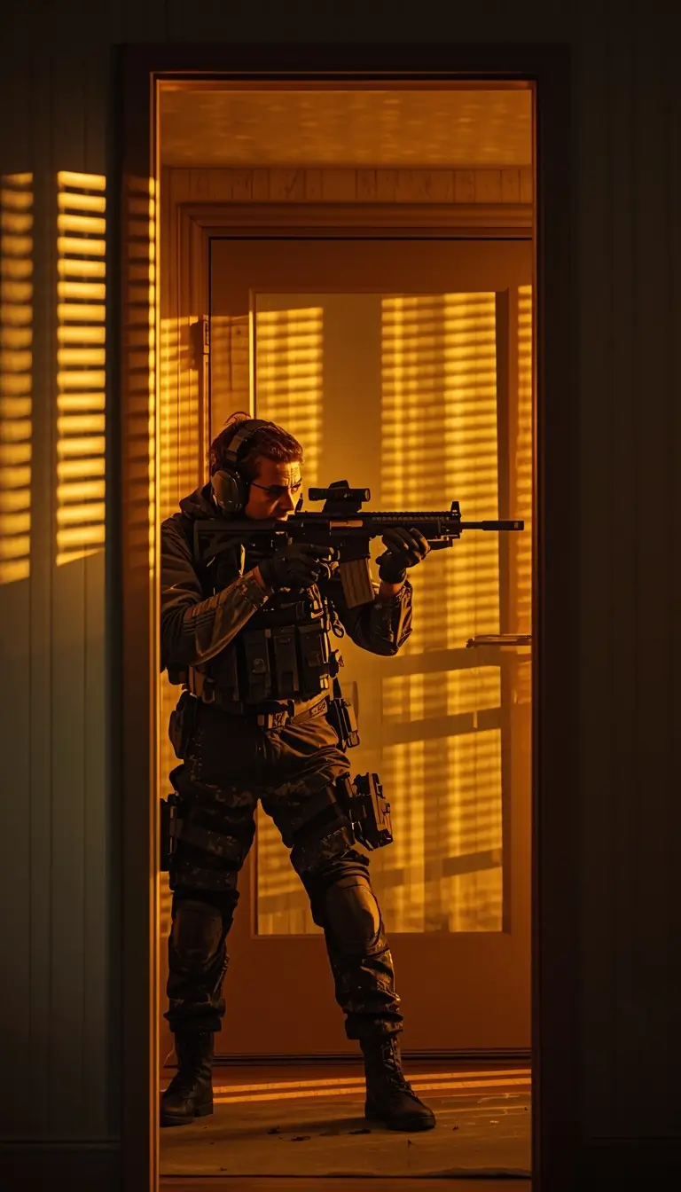 Armed tactical operator aiming through doorway with golden light, close quarters siege wallpaper style scene in 4K