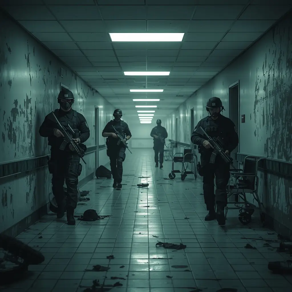 Tactical team moving through dim hospital hallway with rifles, siege wallpaper style close quarters scene