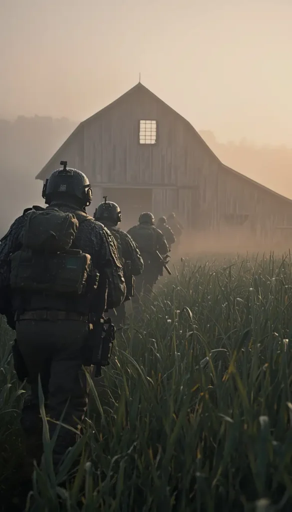 Tactical team walking through tall grass toward farmhouse at dawn siege wallpaper with realistic lighting and rural setting