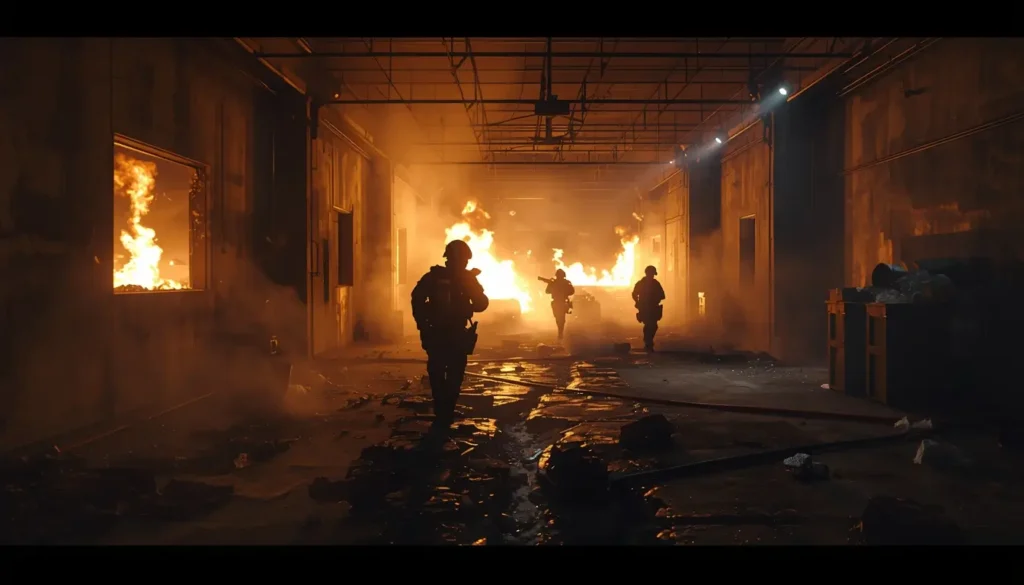 Tactical team running through burning warehouse with fire and smoke six siege wallpaper cinematic night raid scene