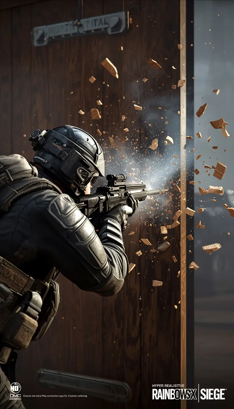 Six Siege wallpaper showing tactical operator breaching wooden door with shotgun as wood debris flies in cinematic action scene