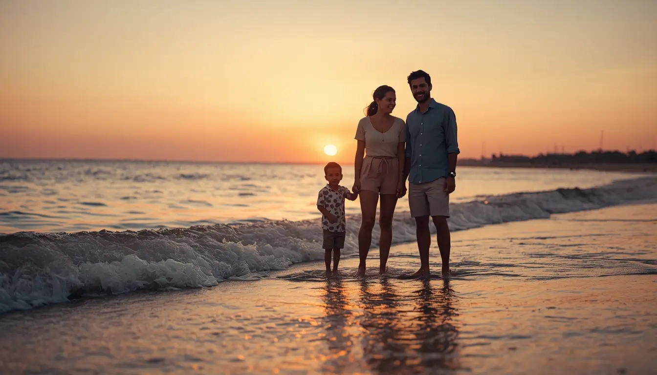Sunset-beach-family-photos of parents and child standing in shallow waves during golden hour on a calm beach