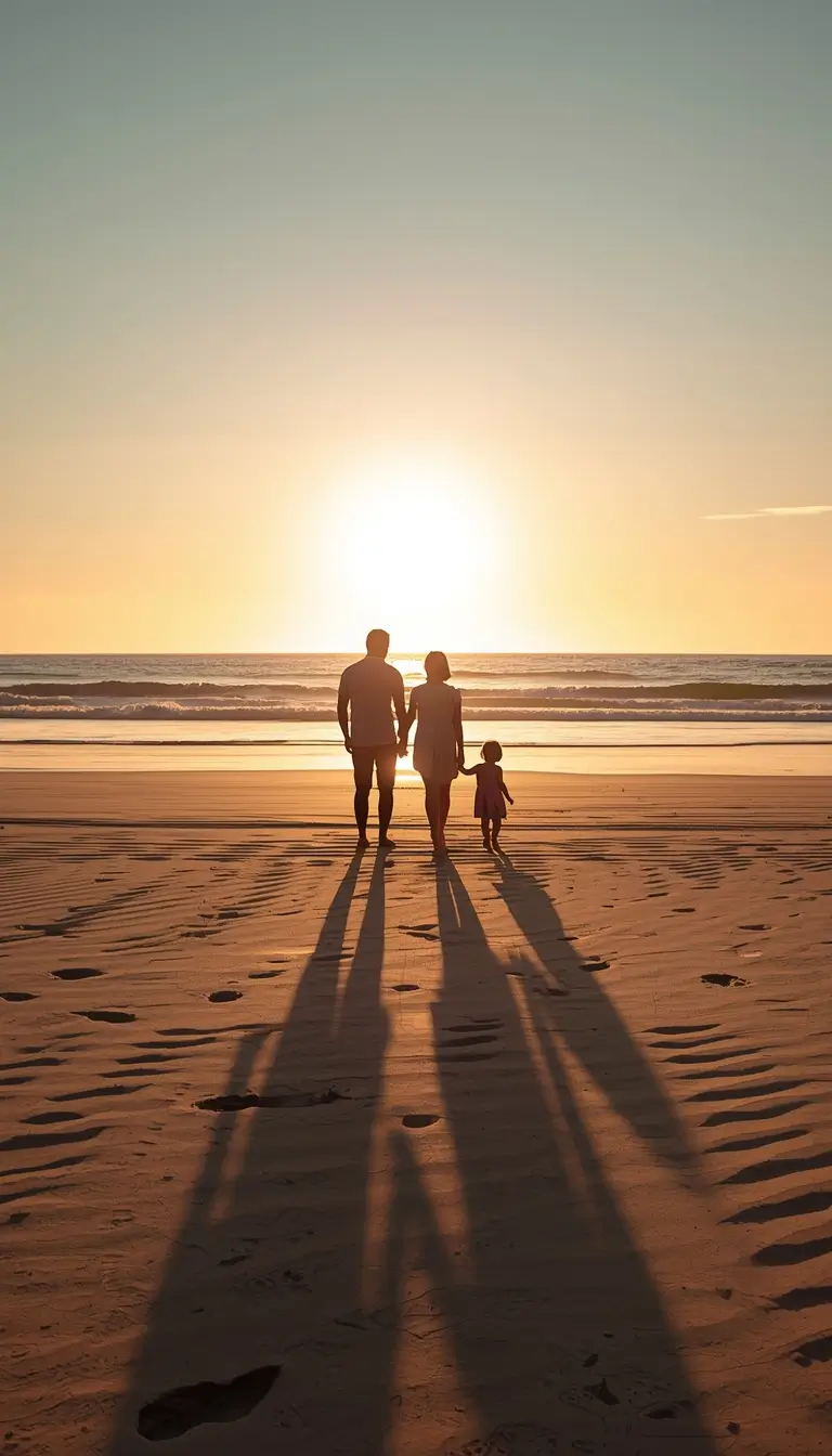 Sunset-family-beach-photos silhouette of parents and child walking on sand with long shadows during bright golden sunset
