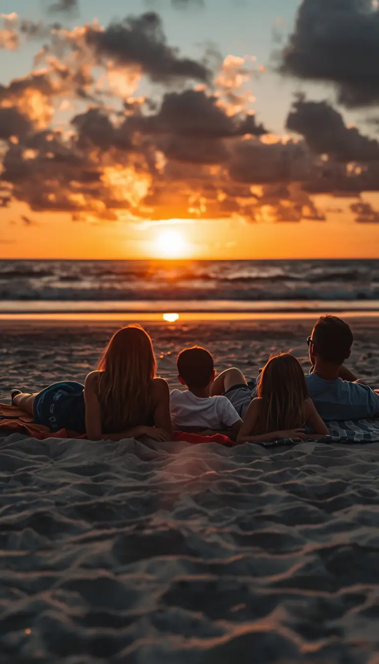 Sunset-family-beach-photos of parents and children lying on sand watching dramatic orange sunset over the ocean
