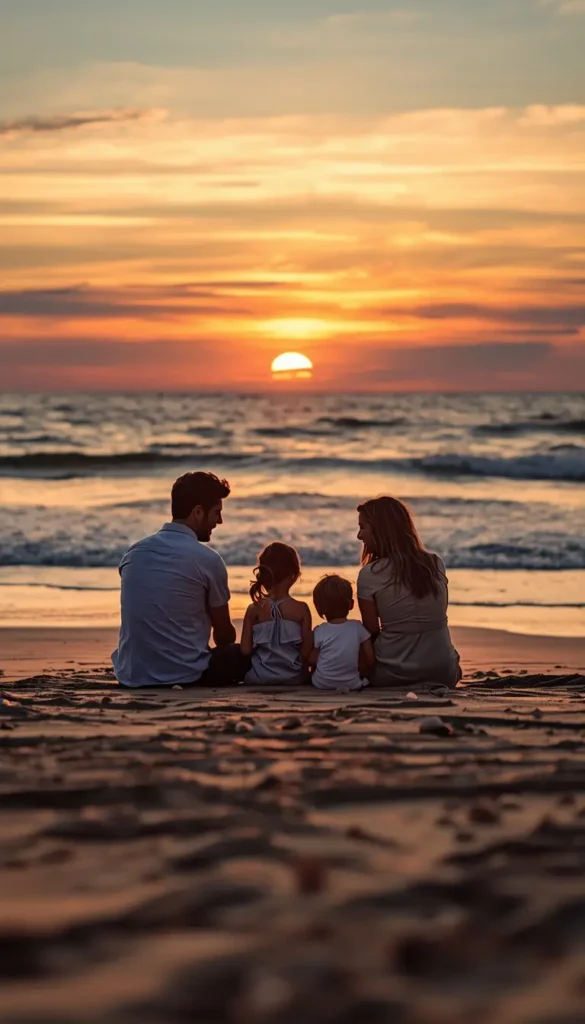 Sunset-family-beach-photos of parents and children sitting on sand watching the ocean during a warm golden sunset