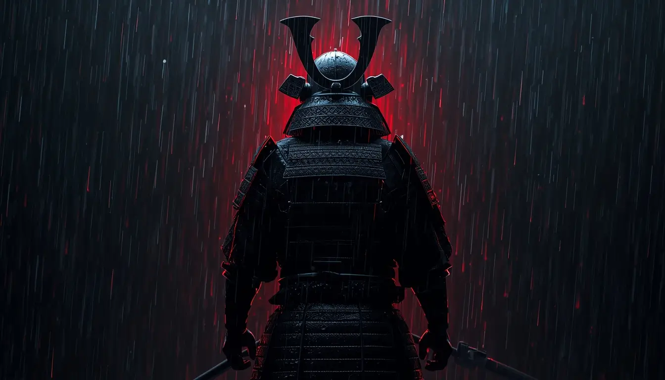 Black samurai in rain with red backlight super amoled black wallpaper 4k style