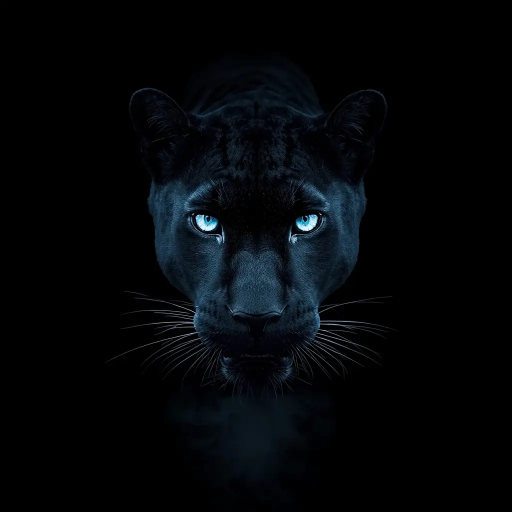 Black panther face with glowing blue eyes on pure dark background, super-amoled-black-wallpaper ultra HD animal wallpaper