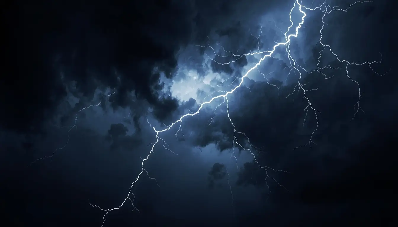 Bright lightning bolt across dark storm clouds super amoled black wallpaper 4k style