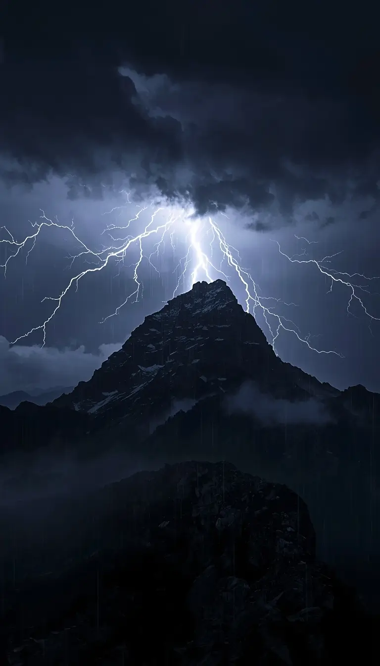 Lightning striking dark mountain peak under storm clouds ultra hd 4k amoled wallpaper 1440p style