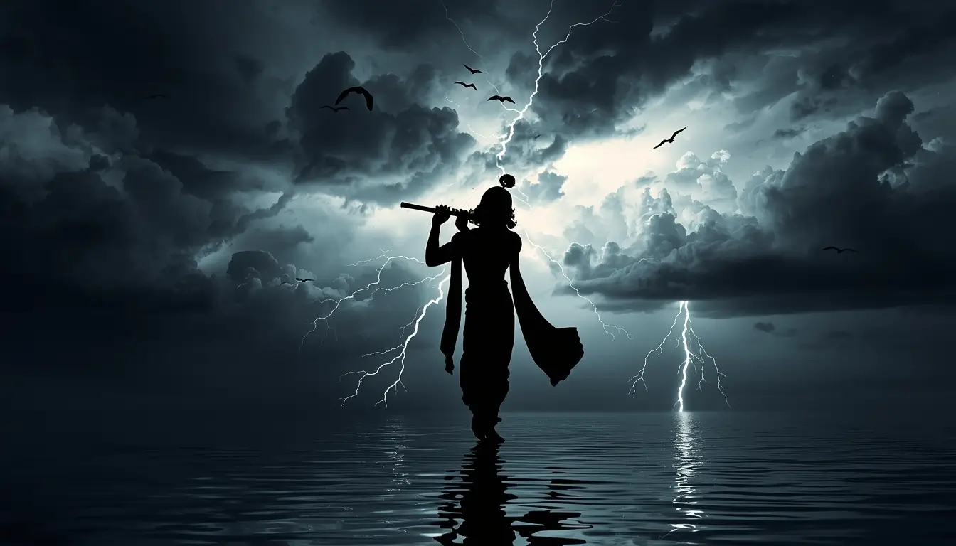 wallpaper-krishna-god silhouette of Lord Krishna playing flute on water with lightning storm and dark clouds background