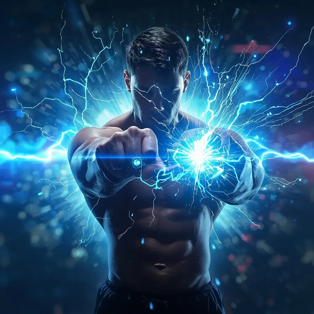 wallpaper-motivation-gym muscular athlete punching with blue electric sparks and energy burst showing power and intense strength