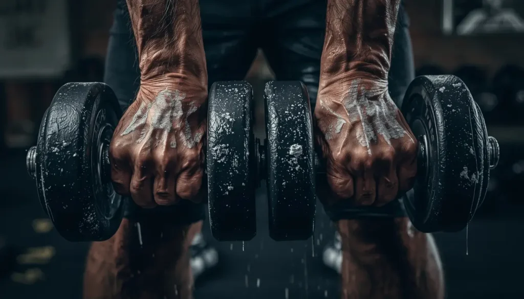 wallpaper-motivation-gym close-up of chalked hands gripping heavy dumbbells with sweat and veins showing intense workout strength