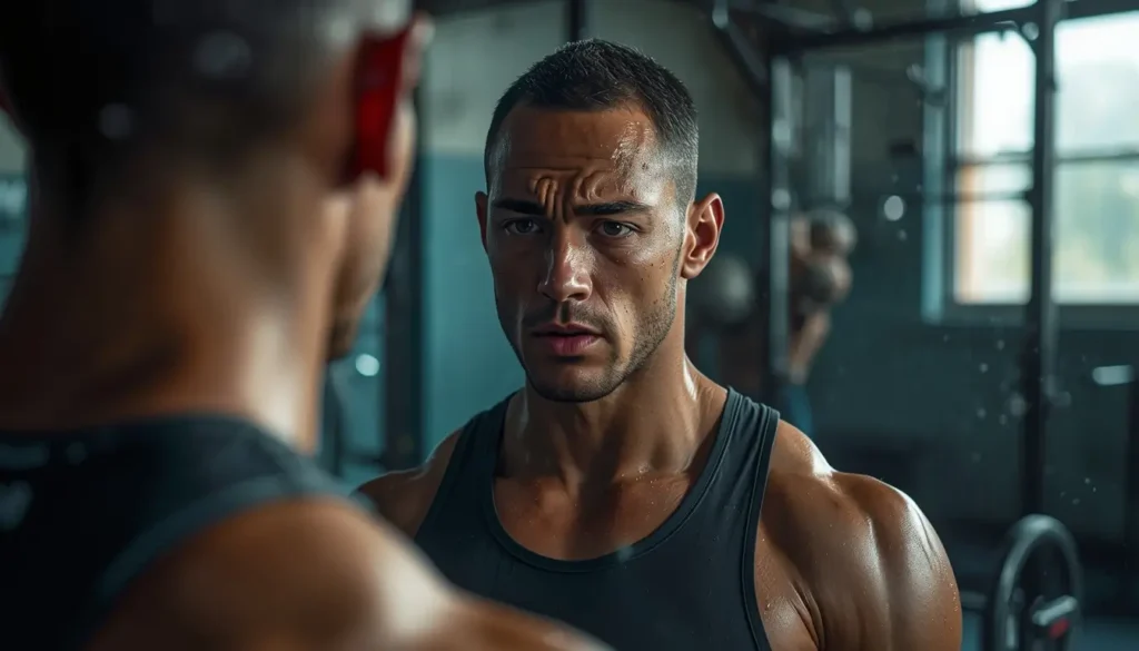 Athlete staring intensely at mirror in gym, wallpaper-motivational-gym showing focus, determination, and mental strength during workout
