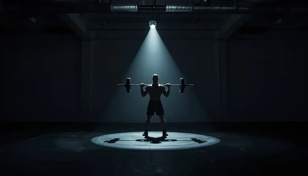 wallpaper-motivational-gym athlete lifting barbell under spotlight in dark empty gym with dramatic shadows and strong focus