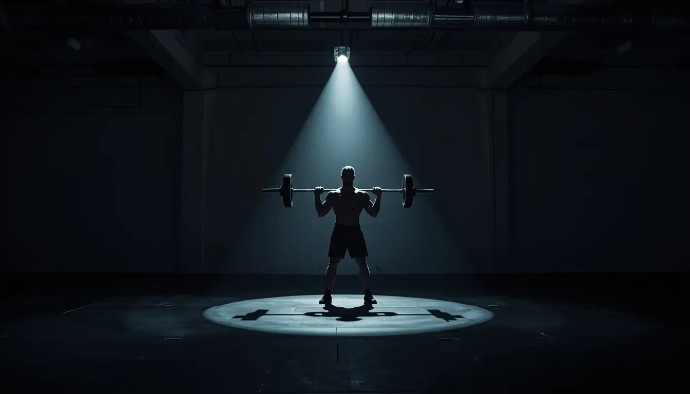 wallpaper-motivational-gym athlete lifting barbell under spotlight in dark empty gym with dramatic shadows and strong focus