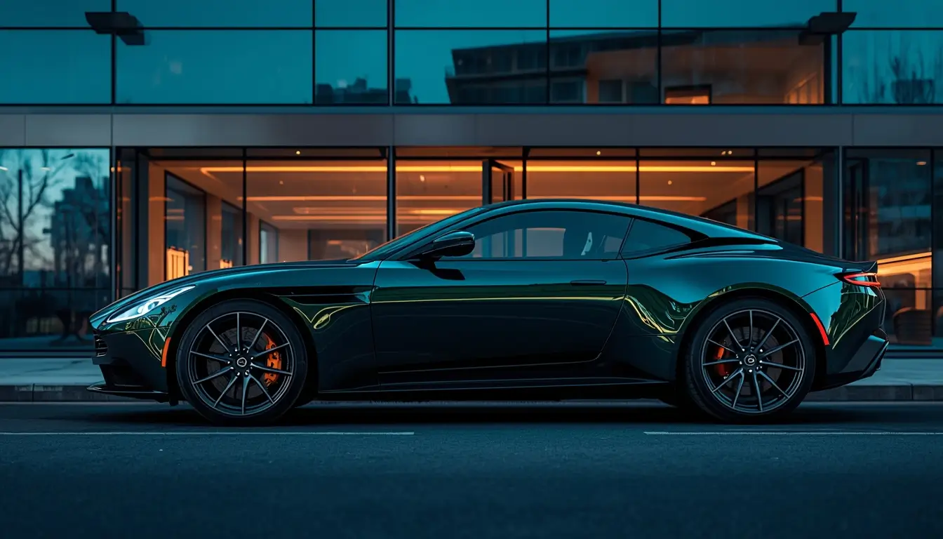 wallpaper-of-cars-for-iphone dark green luxury coupe parked outside modern glass house at night with warm lights