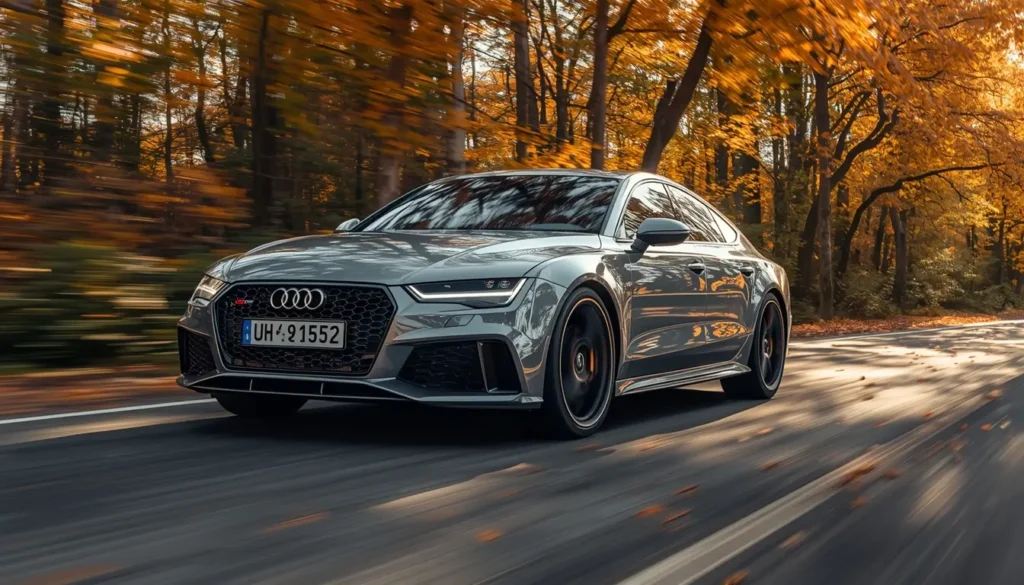 wallpaper-of-cars-for-iphone grey sports sedan driving fast through autumn forest road with motion blur and golden leaves