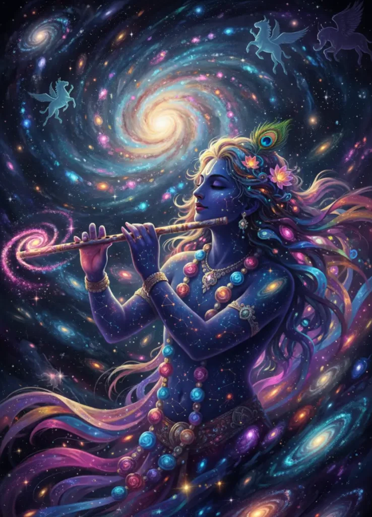God Krishna playing flute in cosmic galaxy with stars and nebula divine wallpaper-of-god-krishna colorful spiritual art