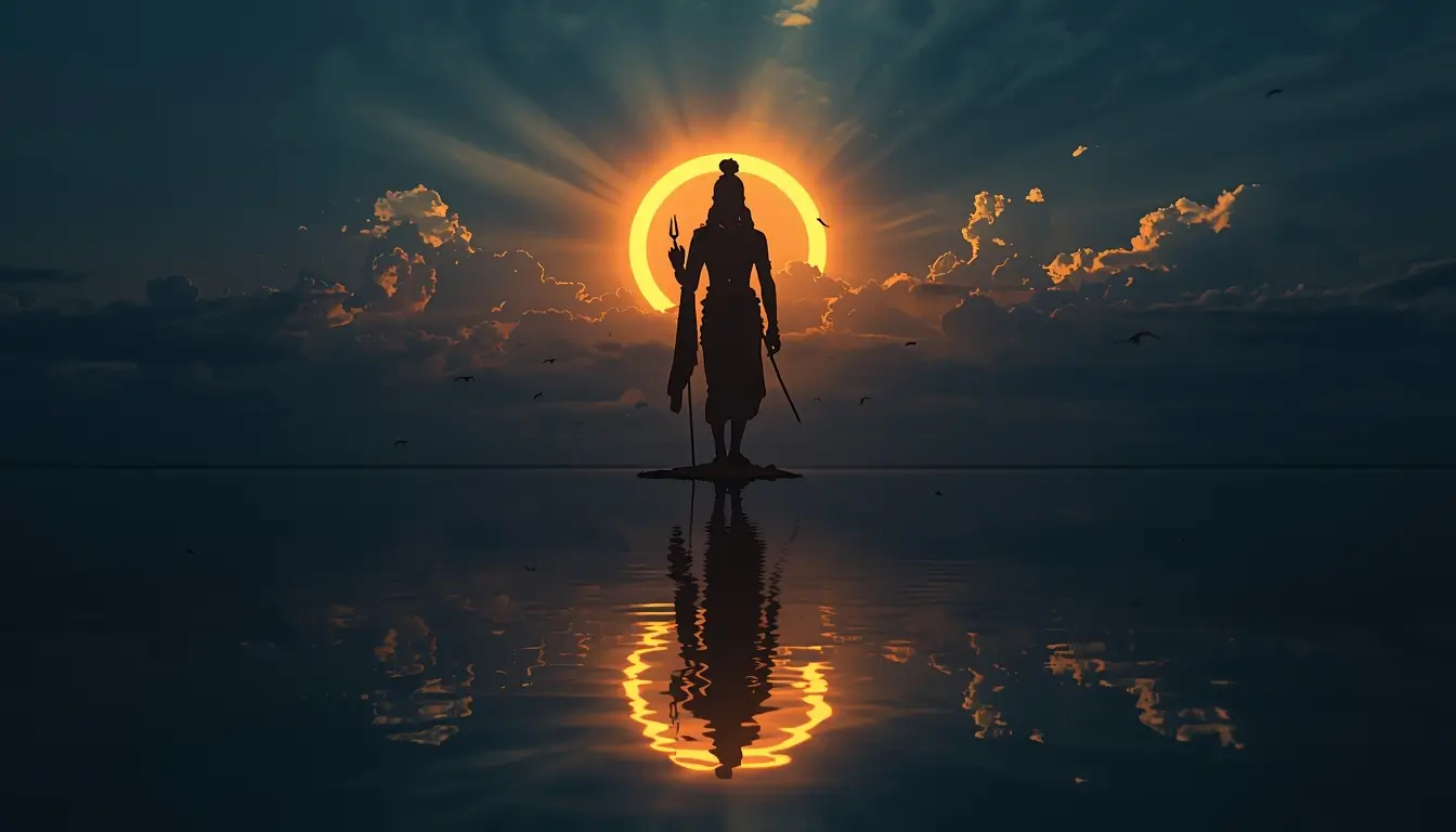 wallpaper-of-god-krishna silhouette of Krishna with glowing sunset halo and water reflection under dramatic clouds background